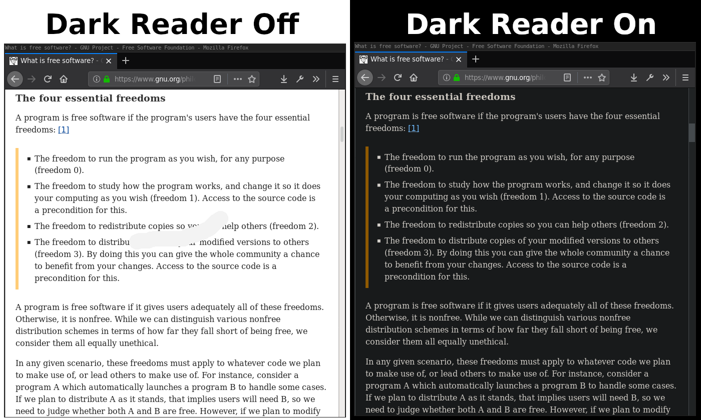 Side-by-side Comparison of Dark Reader On and Off